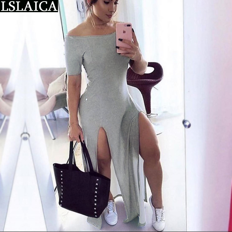 

dress women short sleeve solid color high waist for A-line casual Slash neck long party club summer 210520, Yellow