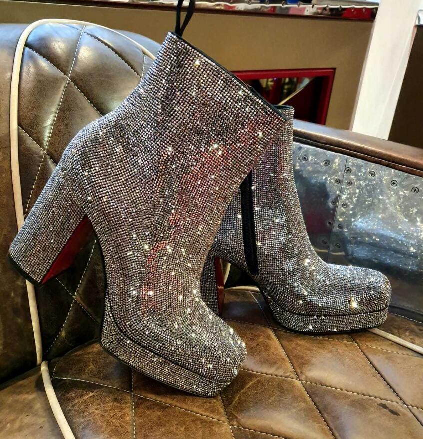 

Famous Design Stage Strass Red Bottom Ankle Boots Women Booty Rhinestone Leather Chunky Heels Ladies Bottes Luxurious Brands Red-sole Booties, Original box;dust bag;card