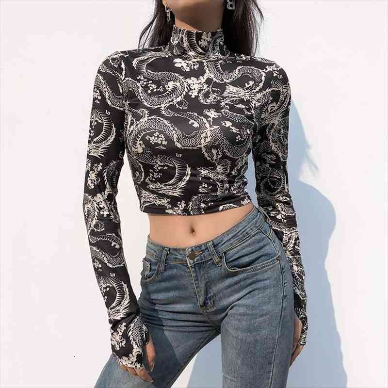 

dragon printed turtleneck blouse women long sleeve crop fashion slim fit short bottoming shirts for spring and autumn, White
