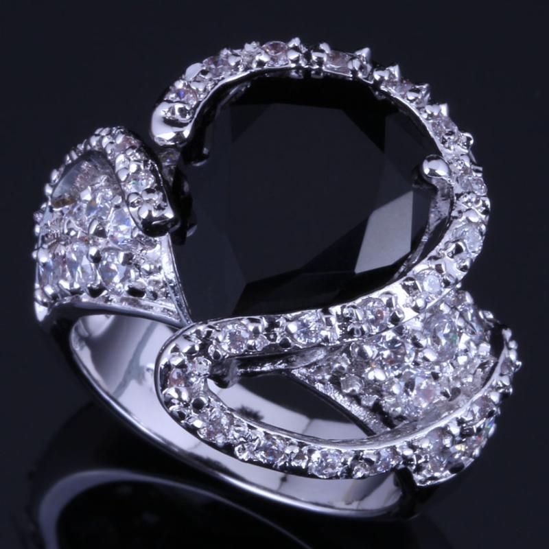 

Cluster Rings Amazing Big Water Drop Black Cubic Zirconia White CZ Silver Plated Ring V0569
