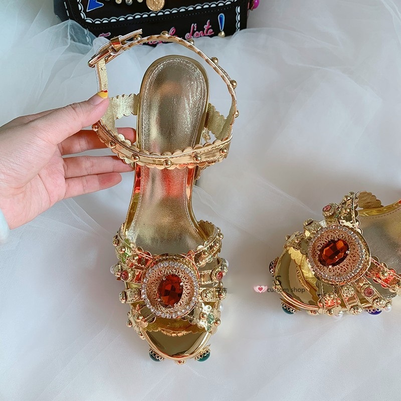 

Sandals gold metal leather chunky heels sandals muti jewel studded square platform shoes high rhinestones summer, 2# shoe box