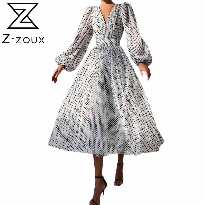 

Women Dress Temperament Party es Deep V Neck Lantern Sleeve Dot Print Maxi High Waist Large Swing Long es 210524, White