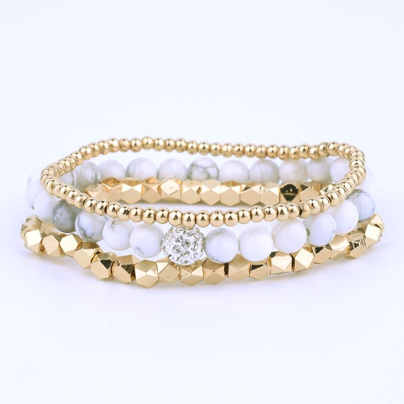 

White Howlite Bead Bracelet Set , Gold Strand Beaded Woman Sets BCSET2 Beaded, Strands