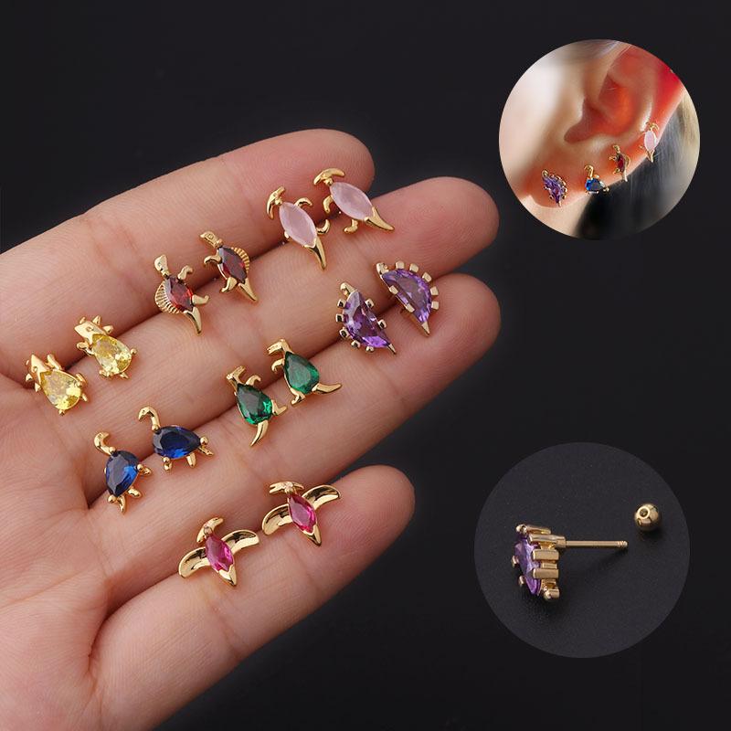 

Stud 1PC 20G Stainless Steel Dinosaurs Cartilage Earrings Trendy Zircon Animal Earring Lobe Screw Piercing Jewelry, Golden;silver