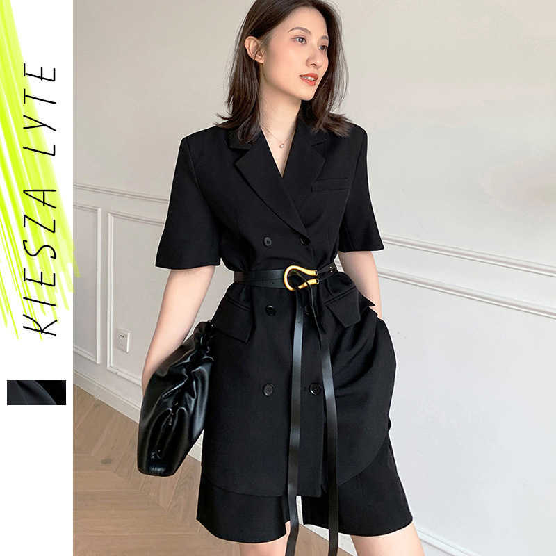 

Women Fashion Short Sleeve Fitting Blazer Casual Summer Suits Double Breasted Chic Tops 210608, Black