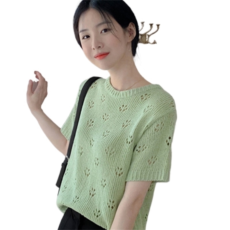 

Fashion women's knitted T-shirt summer loose hollow thin short-sleeved sweater top casual all-match woman tshirts 210520, Black