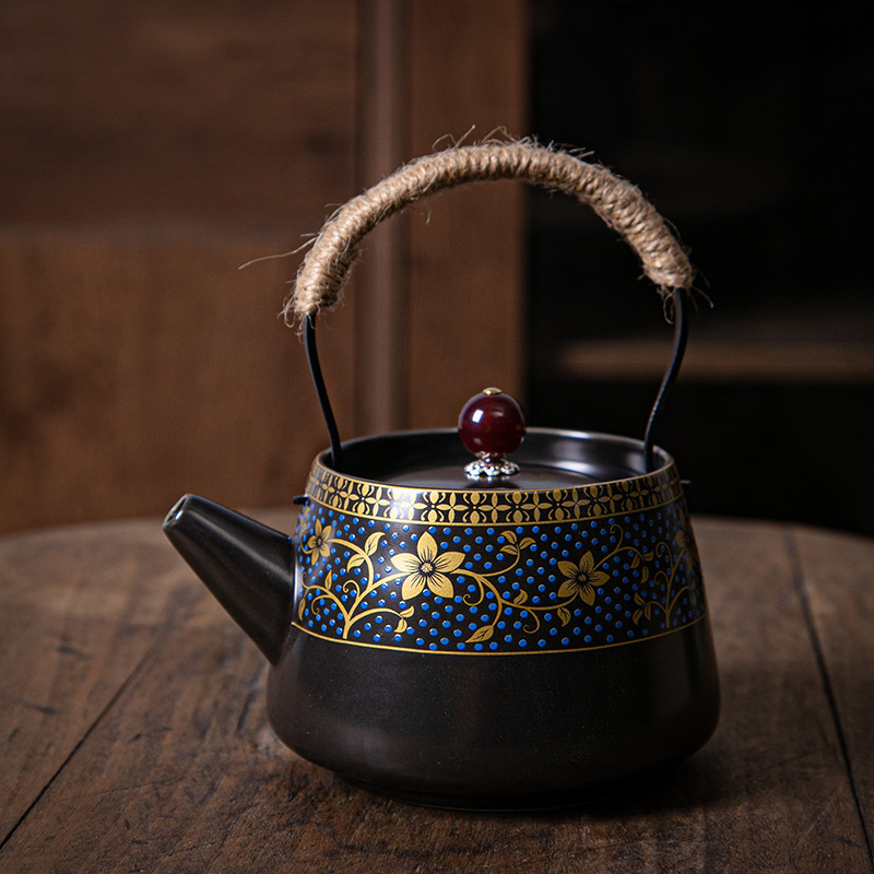

Ceramic Beam Teapot Large Matte Black Pottery Full Color Pile Flower Kungfu Tea Set Single Pot with Filter Screen