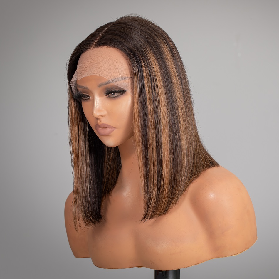

Short Bob 13x4 Lace Front Human Hair Wigs Highlight Straight Front Wig Glueless Ombre Pre Plucked HD Lace Remy Hair for Women, As the picture shows