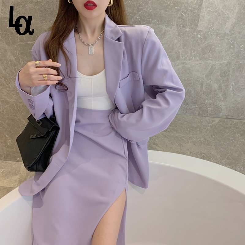 

Spring Women Purple Skirt Suit Elegant Single-breasted Jacket Split Pencil Summer Lady Blazer Set 210519