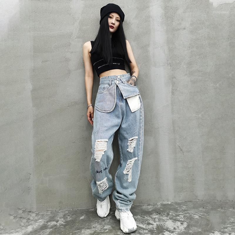 

Autumn Jeans Woman 2021 Pants Women High Waist Ladies Hole Hip Hop Streetwear Wide Leg Light Blue Women