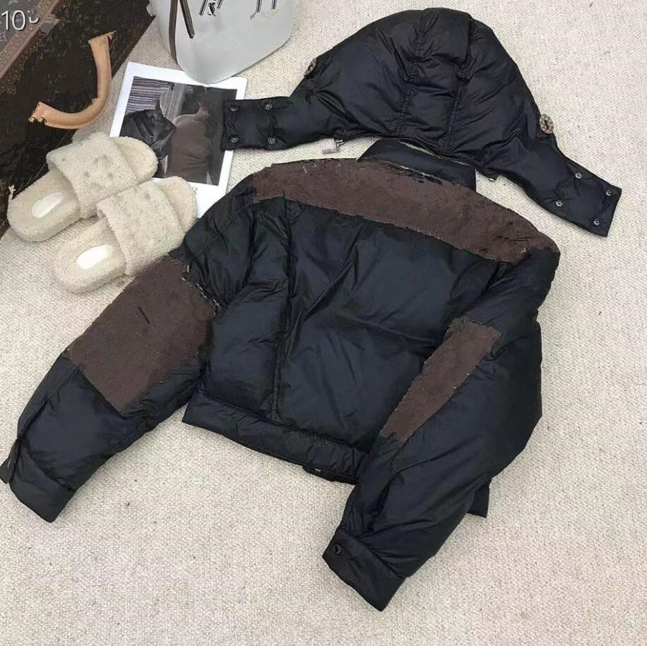 

Women's printed bomber jacket down jacket Detachable hood Flip pockets Stand-up collar 1014, Black