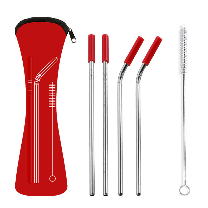 

6Pcs/set Reusable Stainless Steel Straight Bent Drinking Straws with Silicone Tips for Hot Cold Beverage Drink Bar Tools