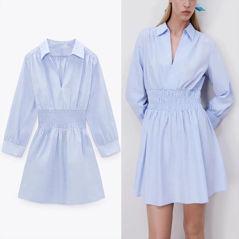 

za spring elastic waist pleated women dress long sleeve smocked sky blue office lady dresses woman elegant mini, Black;gray