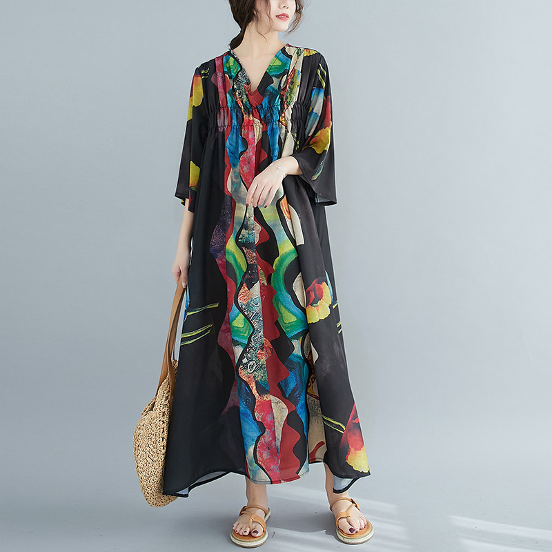 

Johnature Women Black Print Floral Dress V-Neck Seven Sleeve Soft Vintage Summer Clothing Loose Women Casual Dresses 210521