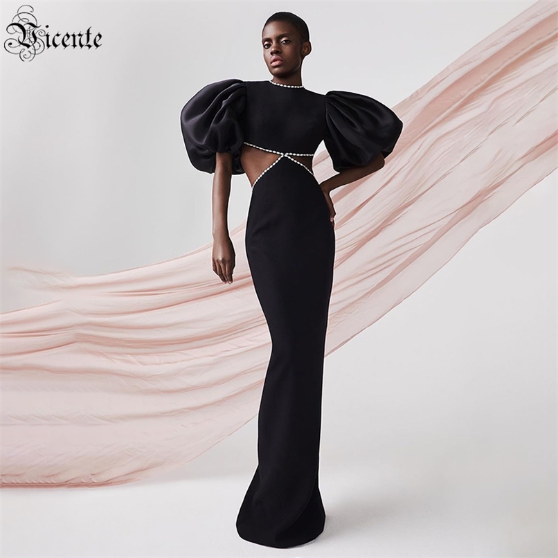 

Ladies Dress Celebrity Party Cocktail Puff Sleeve Waist Hollow Beaded Design Long Bandage 210520, Black