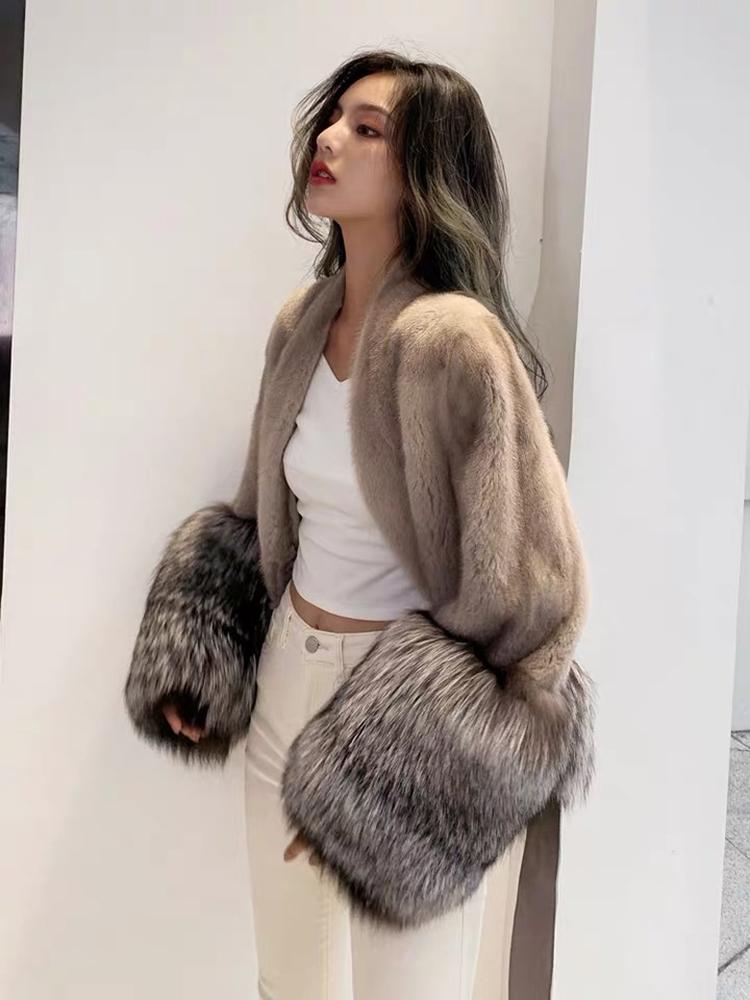 

Women's Fur & Faux Arrival Women Winter Real Silver Cuff And Lower Hem Warm Thick Belt Slim Mink Short Overcoat, Black