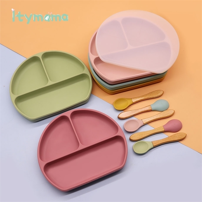 Baby Feeding Plate Food Grade Silicone Baby Plate BPA Free Infant Waterproof Kid Tableware Plate Children Dishes Sealed With Lid 211027-image-735565885