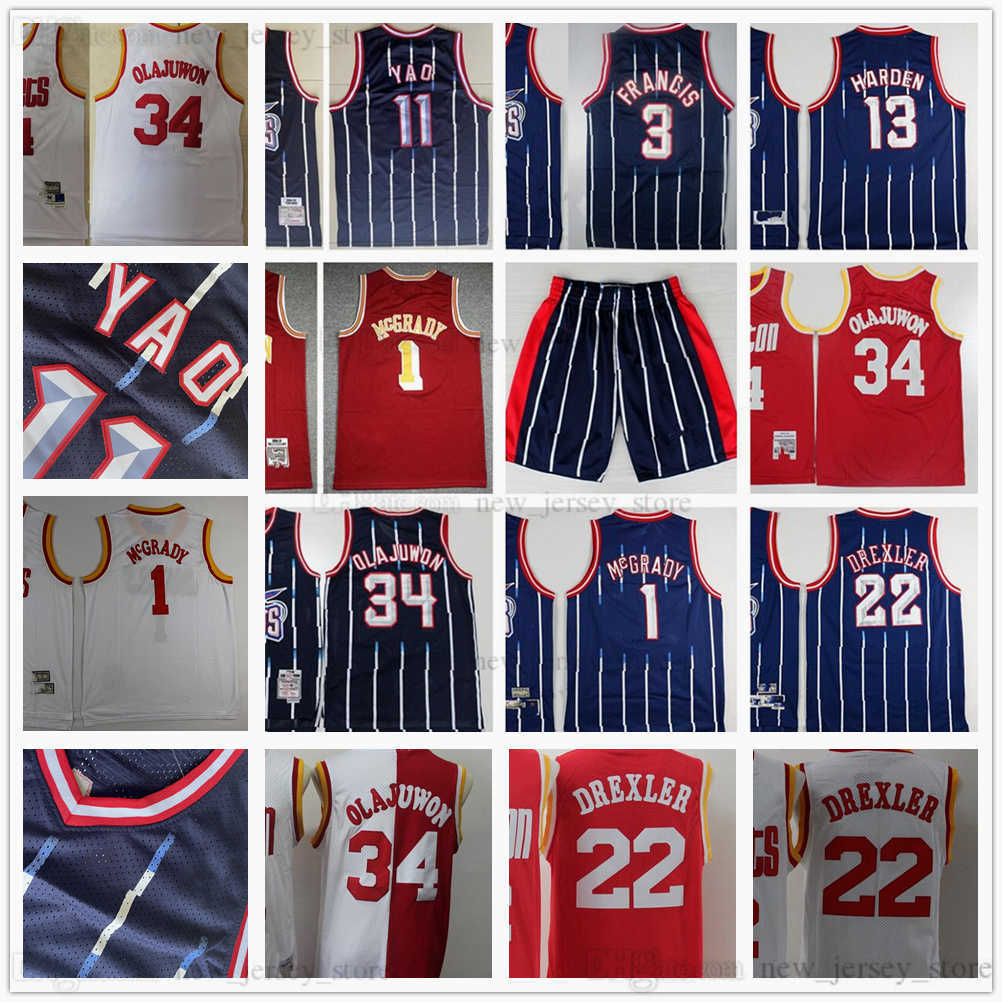 

Mitchell and Ness Retro 02-03 Basketball 11 Yao 13 Harden Ming Jerseys Stitched Vintage Black White Stripe Hakeem Steve Olajuwon Francis