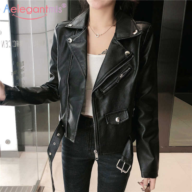 

Aelegantmis Korean Casual Zipper Short Motorcycle PU Jacket Women Warm Chic Lace Up Faux Leather Female Black Streetwear 210607