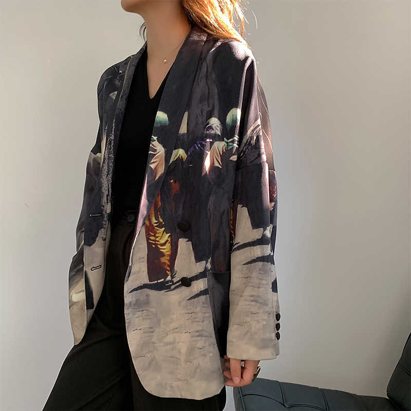 

Women Casual Floral Print Pattern Blazer Jacket Femme Vintage Autumn Loose Outwear Striped Blazers Coat Fashion 210608, Picture color