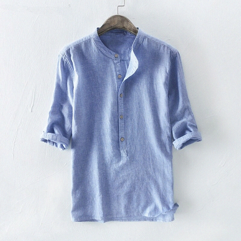 Men's Shirt Striped Stand Collar Casual Daily Button-Down Half Sleeve Tops Lightweight Casual Fashion Breathable Blue Black Pink u3yf#