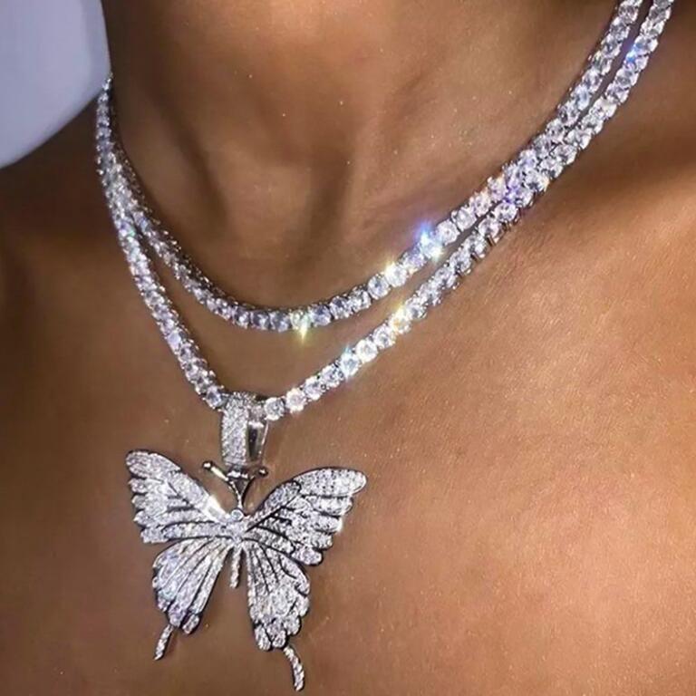 

Big Butterfly Pendant Necklace Hip Hop Iced Out Rhinestone Chain for Women Bling Tennis Crystal Animal Choker Jewelry