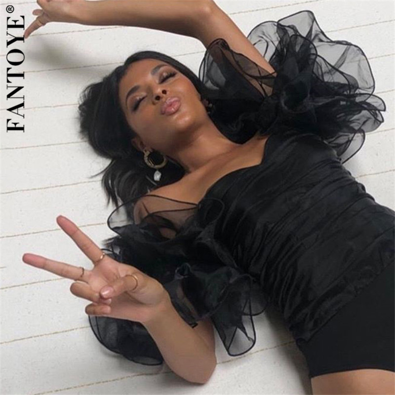 

FANTOYE Sexy Off-Shoulder Puff Sleeve Bodysuit Romper For Women Black Strapless Bodycon Jumpsuit 2021 New Femme Skinny Overalls