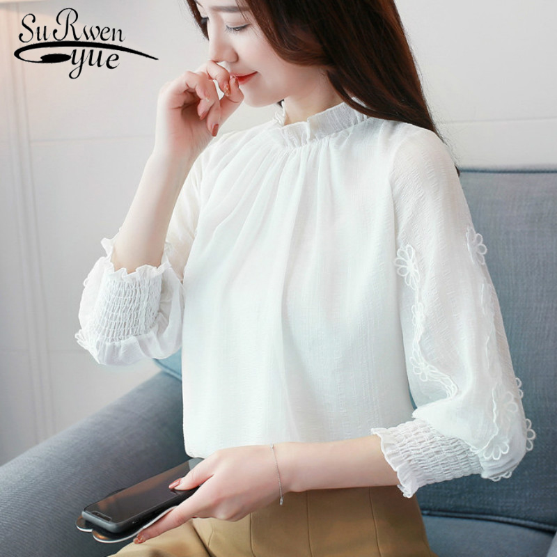 

Fashion women tops and blouse summer plus size seven sleeve women' shirt floral chiffon female clothing blusas 0872 40 210521, White