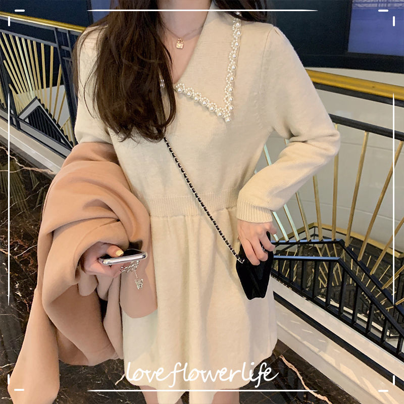 

Winter Sweater Dress Women Vintage Elegant Office Knitted Mini Dress Female Long Sleeve Fairy Dress Korean Autumn 210521, Beige