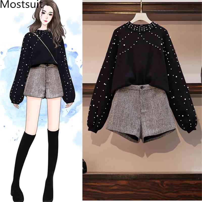 

Korean 2 Piece Sets Outfits Women Plus Size Beading Sweater Pullover And Grey Shorts Suits Fashion Set Autumn Winter 210518, Picture color