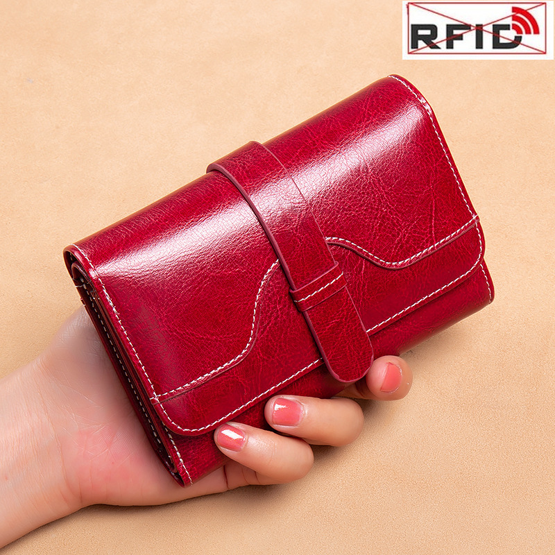 

Women's Fashion Genuine Leather Short High Quality RFID Anti Theft Card Holder Coin Purse Wallets, Wine red