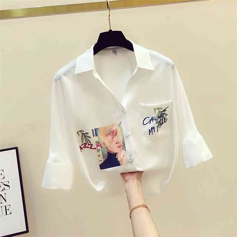 

Autumn Women's Turn Down Collar Half Sleeves Ladies Print Pocket Shirts Female Casual Shirt Blouse Tops A3513 210519, Beige