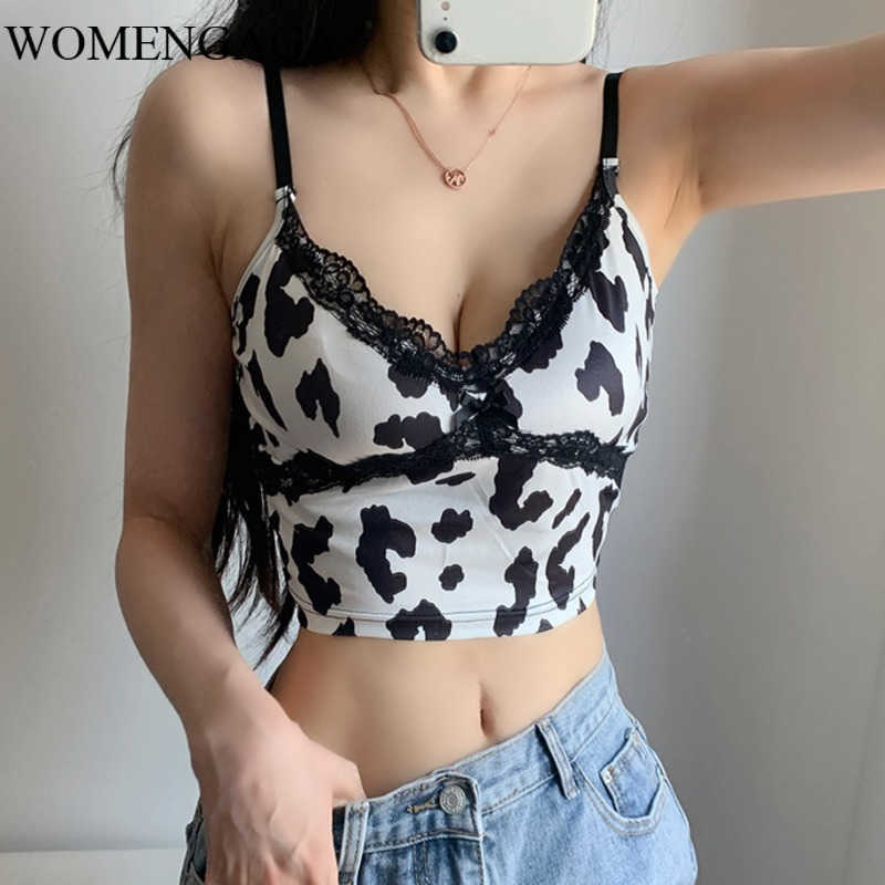

Summer Girl Female Cow Spot Leopard Sexy Lace Printing Slim Navel Short Camisole Tops Tank TGRN 210603, White
