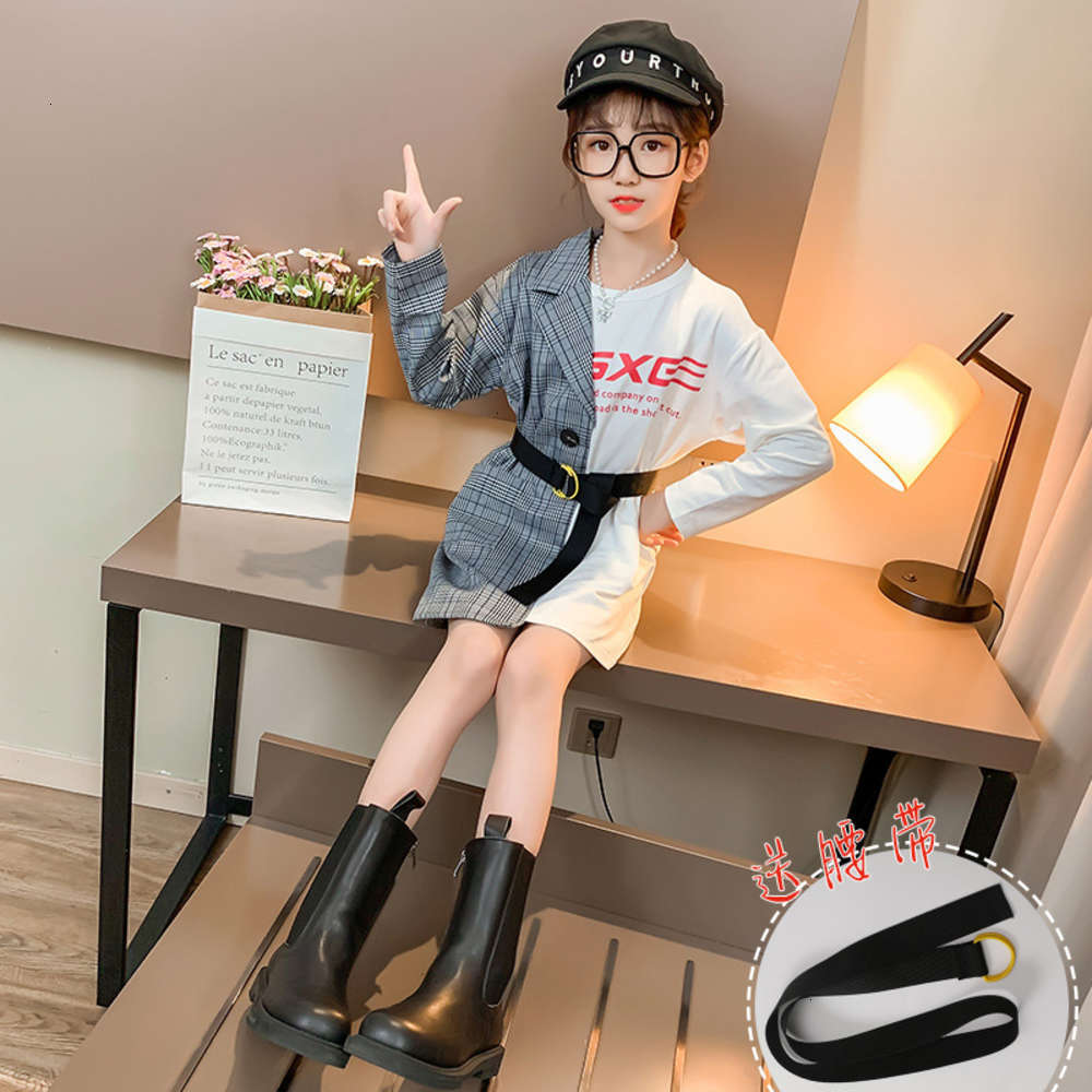 

Shirts Physical shootingplaid Girls' autumn children's foreign sle skirt stitched shirt drs belt net red ZB9O, White