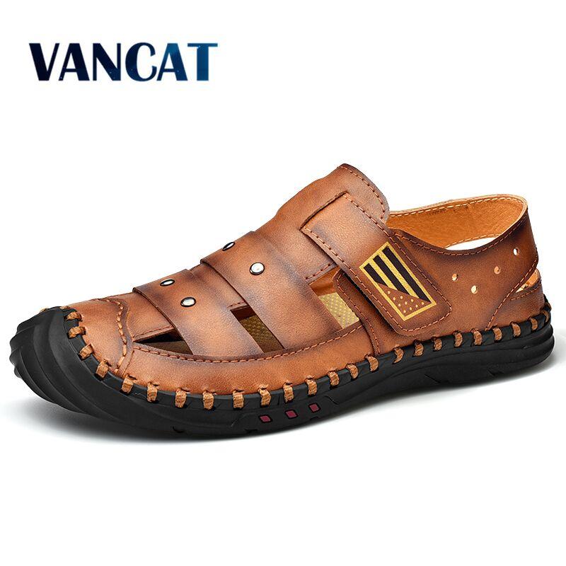 

Sandals Men's Leather Summer Fashion Beach Brand Outdoor Flip Flop Casual Shoes Breathable Flats, Black