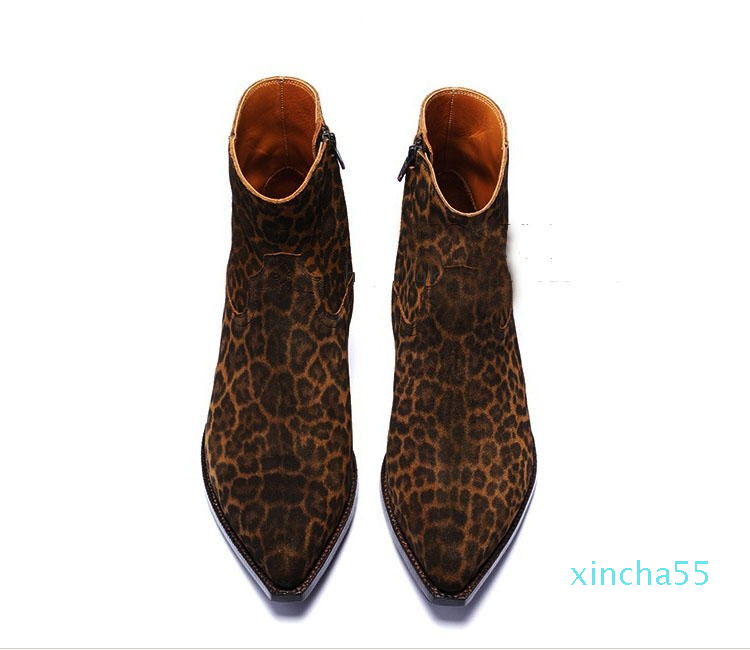 

Leopard Mens Biker Boots Western Wyatt Shoes Plus Size 46 Fashion Designer Men's Shoes Genuine leather Fashion Chelse Boots for men