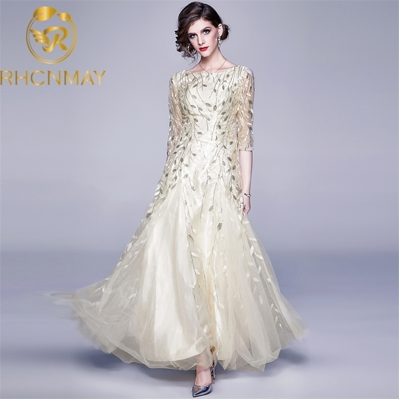 

High Quality Summer Women Party Long Dress Fashion Sequined Mesh Floral Embroidery Half Sleeve Maxi Vestidos 210520, Champagne