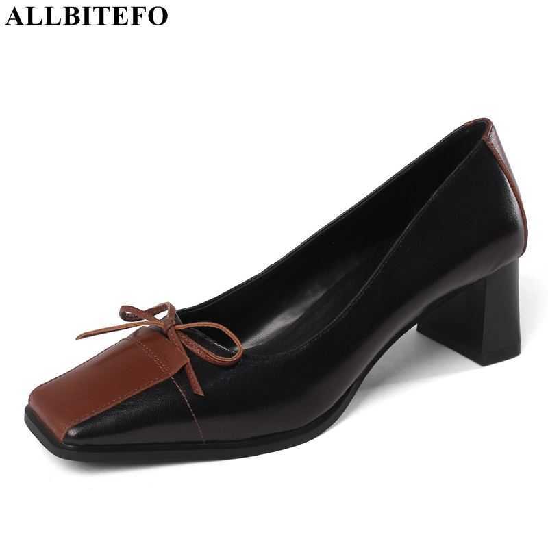

ALLBITEFO bow design mixed colors genuine leather high heels square toe women's pumps fashion high heel shoes women heels shoes 210611, As picture