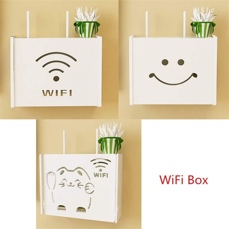 

Multifunction Shelf Wireless Wifi Router Box PVC Wall Shelf Hanging Plug Board Bracket Storage Box Bins Smile Cat Pattern 210330