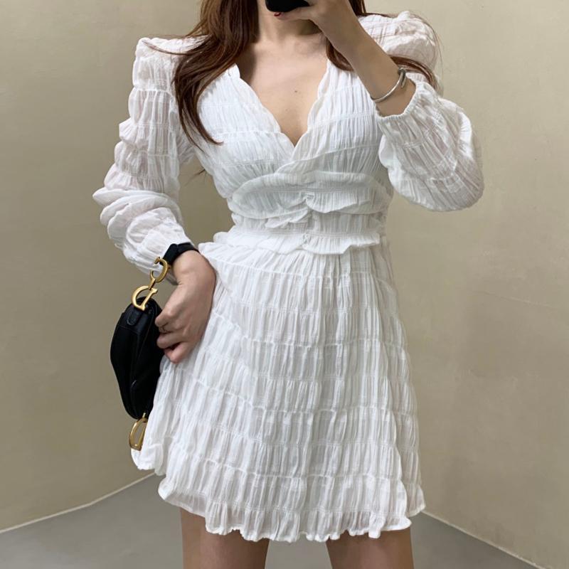 

Casual Dresses Sexy Elegant Slim V Long Sleeve White Chiffon Dress Women Mini Pleated Wild Vestido Mujer Party Korean Chic Black Ruffled Cak, Black;gray