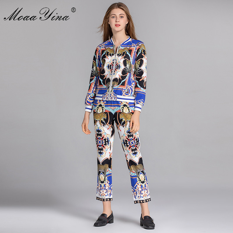 

Fashion Designer Set Spring Women Long sleeve Zipper Stripe Print Vintage Elegant Tops+3/4 Pencil pants Two-piece suit 210524, Multi