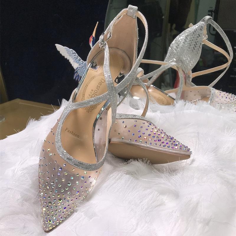 

Dress Shoes Spring Pointed Cross Straps Stiletto High-heeled Mesh Bridal Wedding Rhinestone Banquet Wild Women's Single Shoe, Heel height 8.5 cm