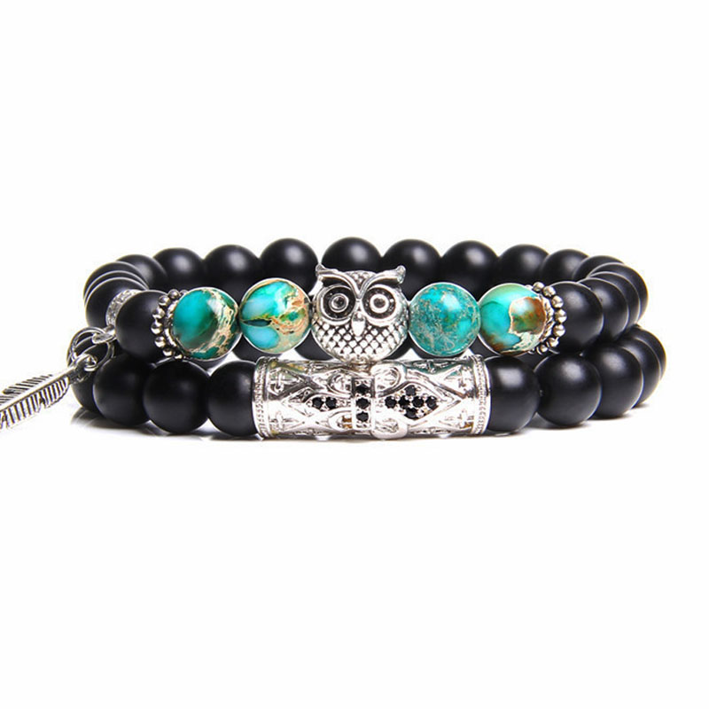 

8mm black beads feather bracelet for men women jewelry pulseras owl bracelets s/set bijoux femme pulseras mujer homme armband