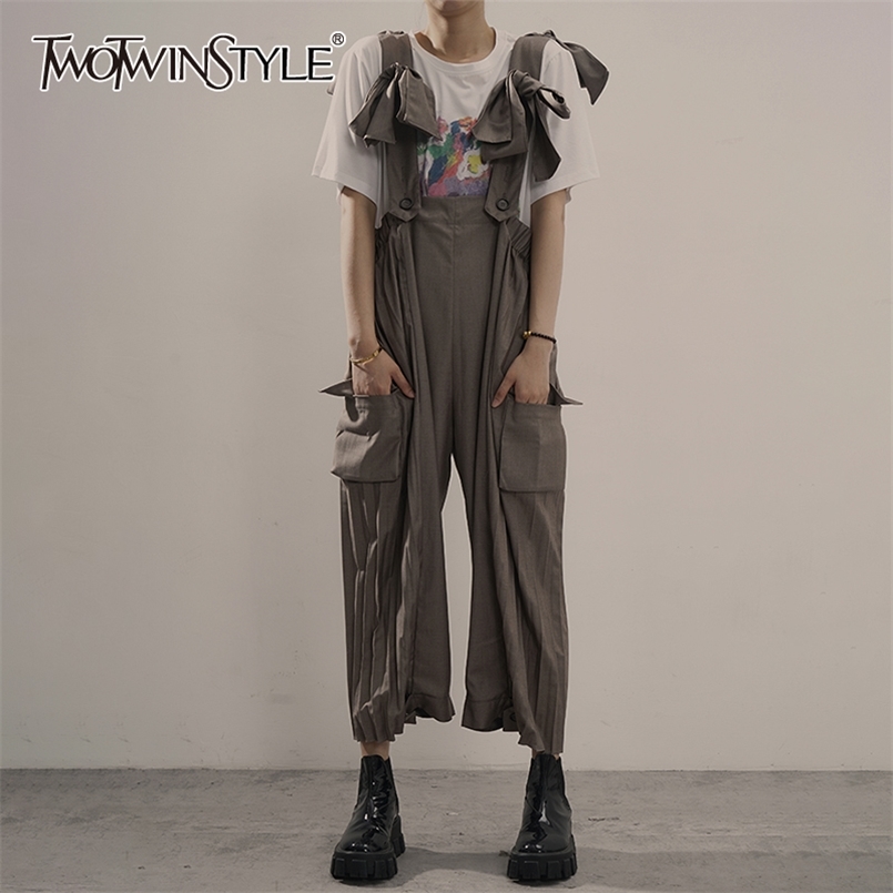 

Casual Jumpsuit For Women Sleeveless High Waist Patchwork Bowknot Loose Straight Jumpsuits Female Spring Style 210521, As picture