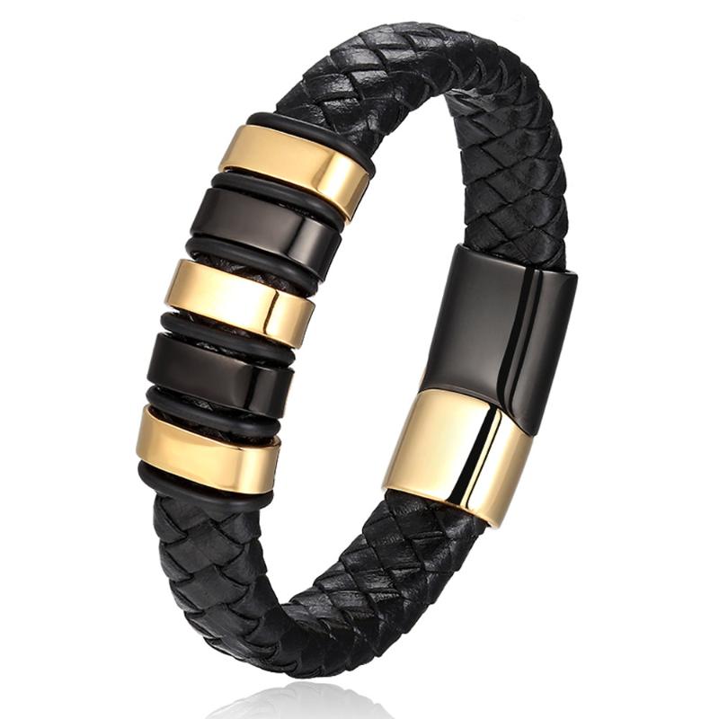 

Charm Bracelets Cool Punk Black Gold Stainless Steel Magnetic Button Design Genuine Leather Bracelet For Men Fashion Bangles Male Gift