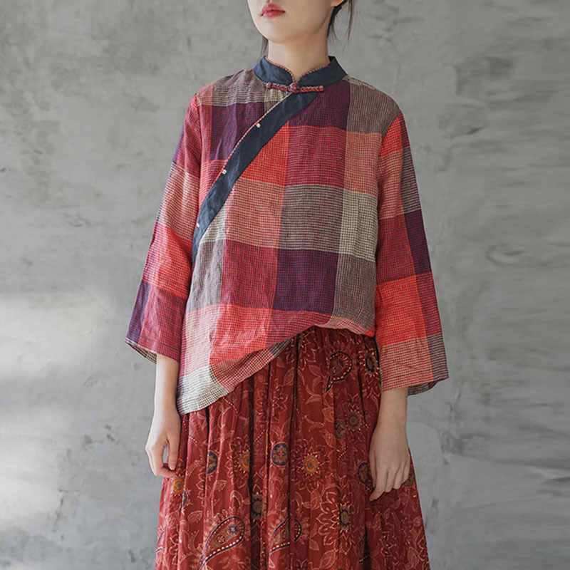 

Johnature Spring Leisure Retro Fashion Plaid Stand Plate Buckle Shirt Cotton Linen Comfortable All-match Women Tops 210521, Red
