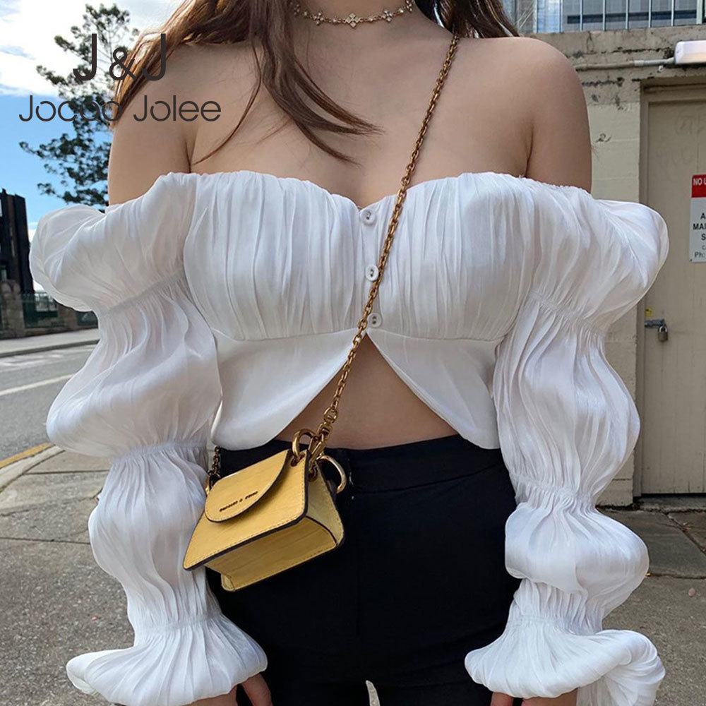 

Jocoo Jolee Sexy Lady Cropped Shirt Women Summer Elegant Lantern Sleeve Ruched Tops and Blouses Casual White Satin Short Blouse 210518, As photo