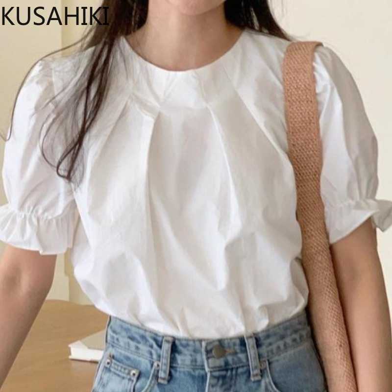 

KUSAHIKI Causal O-neck Folds Women Top Blouse Korean Sweet Puff Sleeve Shirts Summer Solid Blusas De Mujer 6H865 210602, Apricot