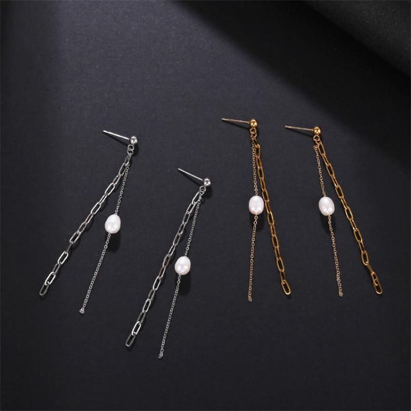 

Dangle & Chandelier Stainless Steel Chain Link Pearl Long Line Earrings For Women 2021 Fashion Female High Quality Boutique Jewelry