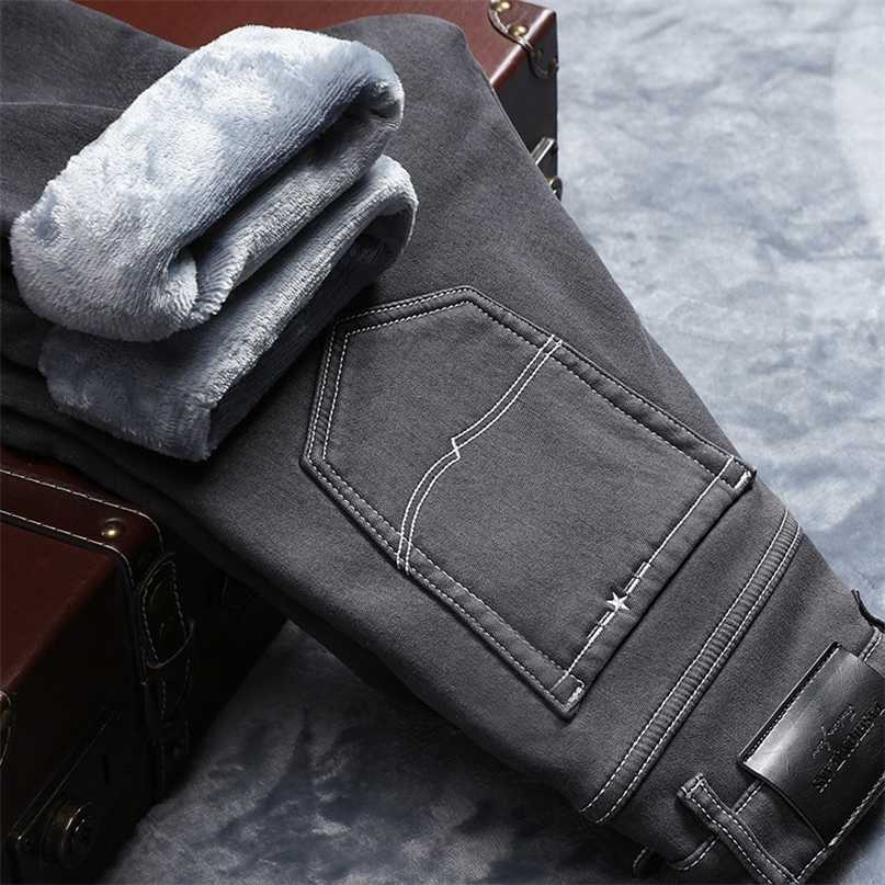 

Winter Men Warm Gray Jeans High Quality Elasticity Thicken Skinny Plus Velvet Denim Pants Trousers Male Brand Clothes 211108, Black